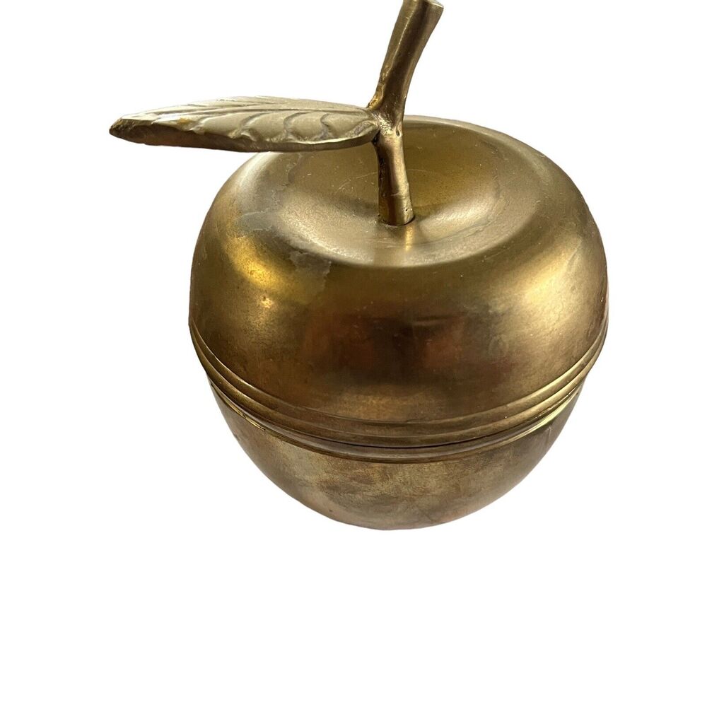 Brass Apple Trinket Box Vintage Made India 80s Unpolished Retro Decor Academia